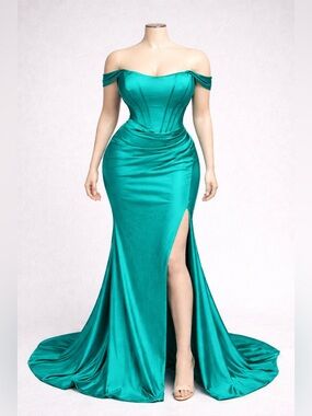 Sherri Hill Teal One-Shoulder Satin Evening Gown